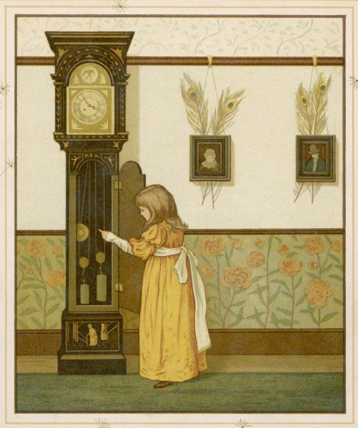 A little girl watches the pendulum of an ornate grandfather clock.