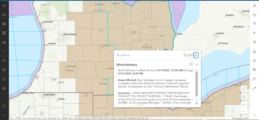 A WIND ADVISORY issued for all of SE Michigan from Midnight to 4 p.m. Thursday 3/31/2022!!