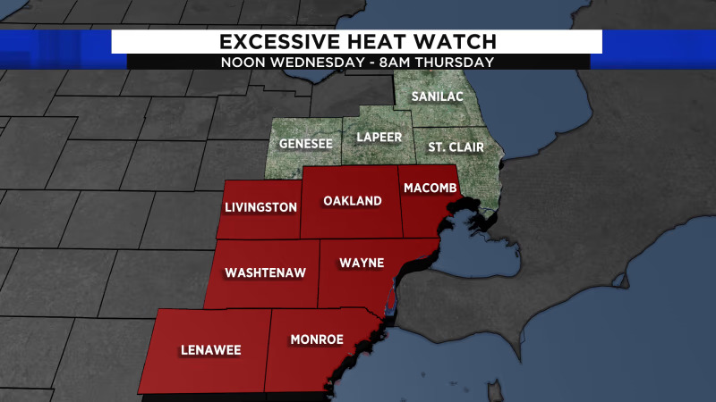 AN EXCESSIVE HEAT WATCH has been issued for both Metro Detroit and all of SE Michigan starting at 12 Noon ET. tomorrow (Wednesday June 15th, 2022) and expiring at 8 a.m. ET. on Thursday June 16th, 2022!!