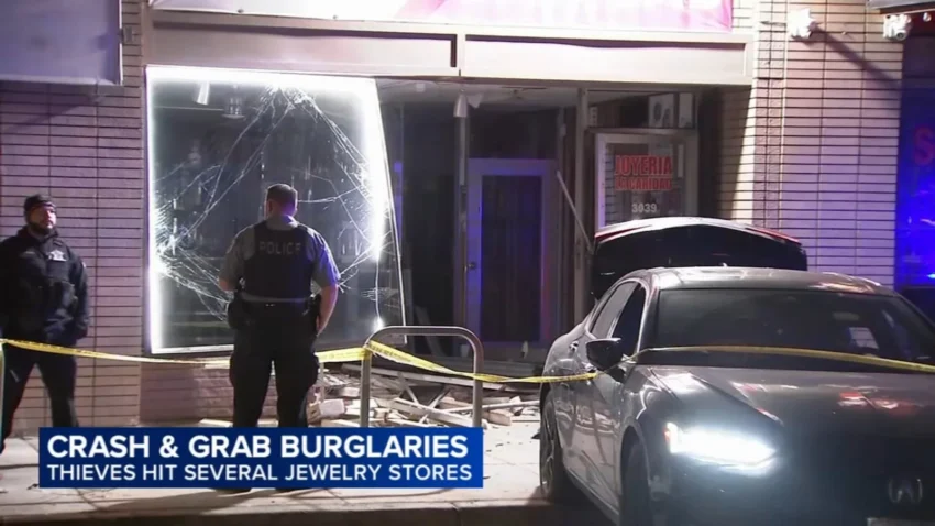 Police investigate shattered jewelry store windows after crash-and-grab burglaries in Chicago
