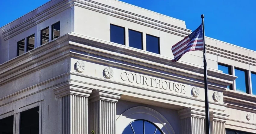 Police and court building in Rapid City during a criminal case hearing