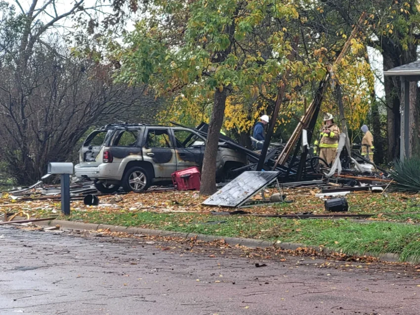 Police blocking off a street near the scene of an explosion in Canton, South Dakota
