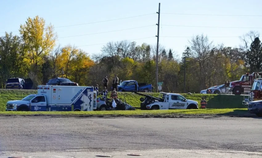 North Dakota Highway Patrol vehicle near the scene of a head-on crash on Highway 46